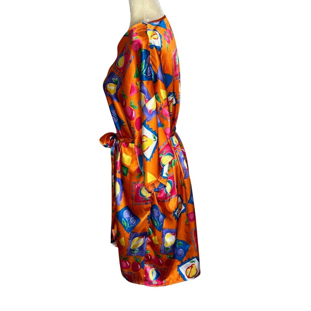 Vintage Vassarette Robe Size Large Kimono Fruit Colorful Orange Satin 90s Retro - Picture 4 of 9